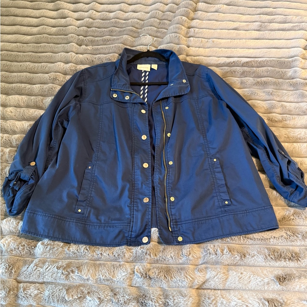 Chico's Navy Utility Jacket with Snap & Zip Front